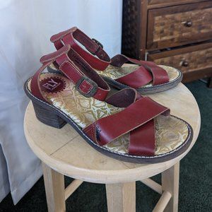 Fly London, oxblood red leather, block heel sandals, 7.5